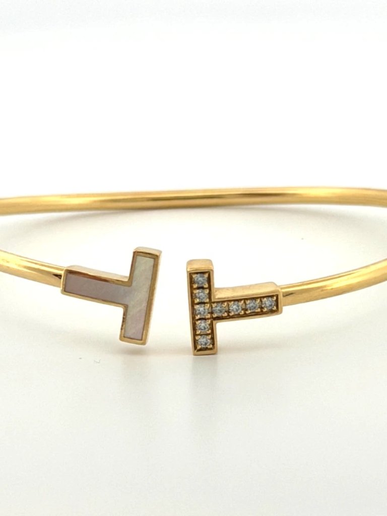 Tiffany  Co T Wire Bracelet 18k Yellow Gold Mother Of Pearl Diamond Bracelet